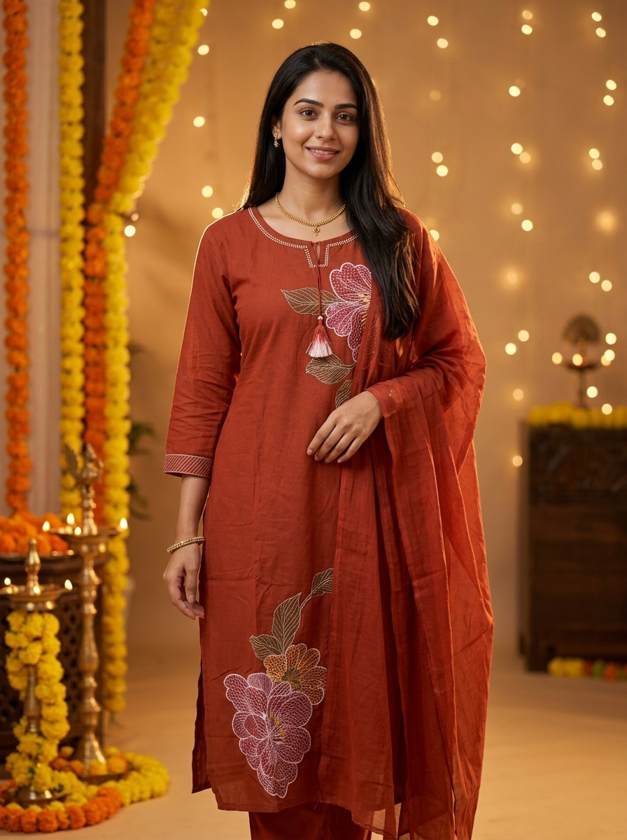 The rust kurta set worn by a model in a warm festive setting