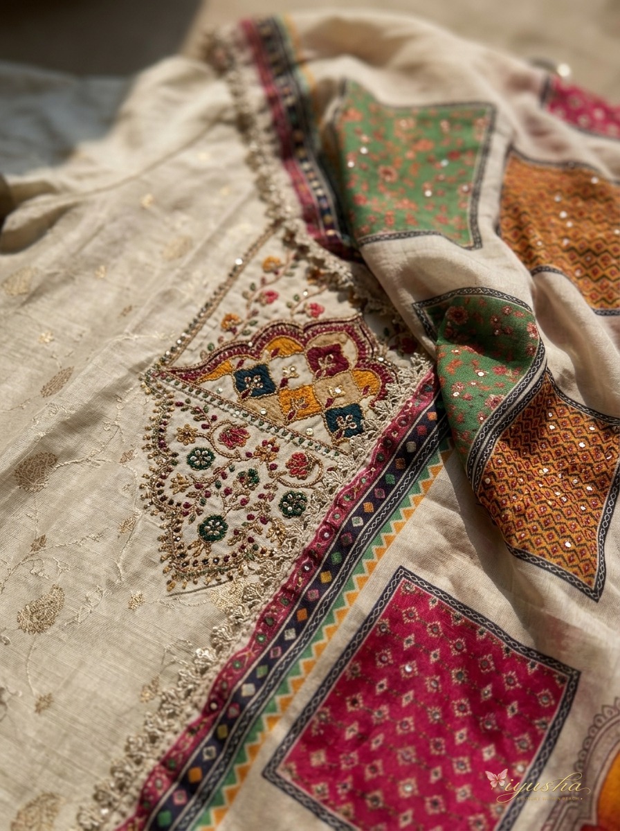 Macro crop of the embroidered yoke and printed dupatta border, showing thread and sequin work