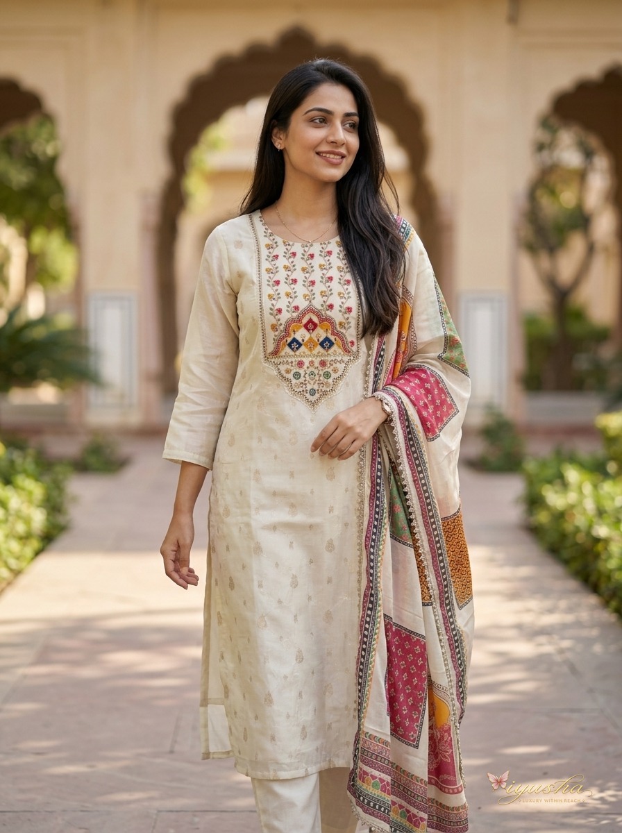 The same suit set worn walking through a sunlit heritage courtyard