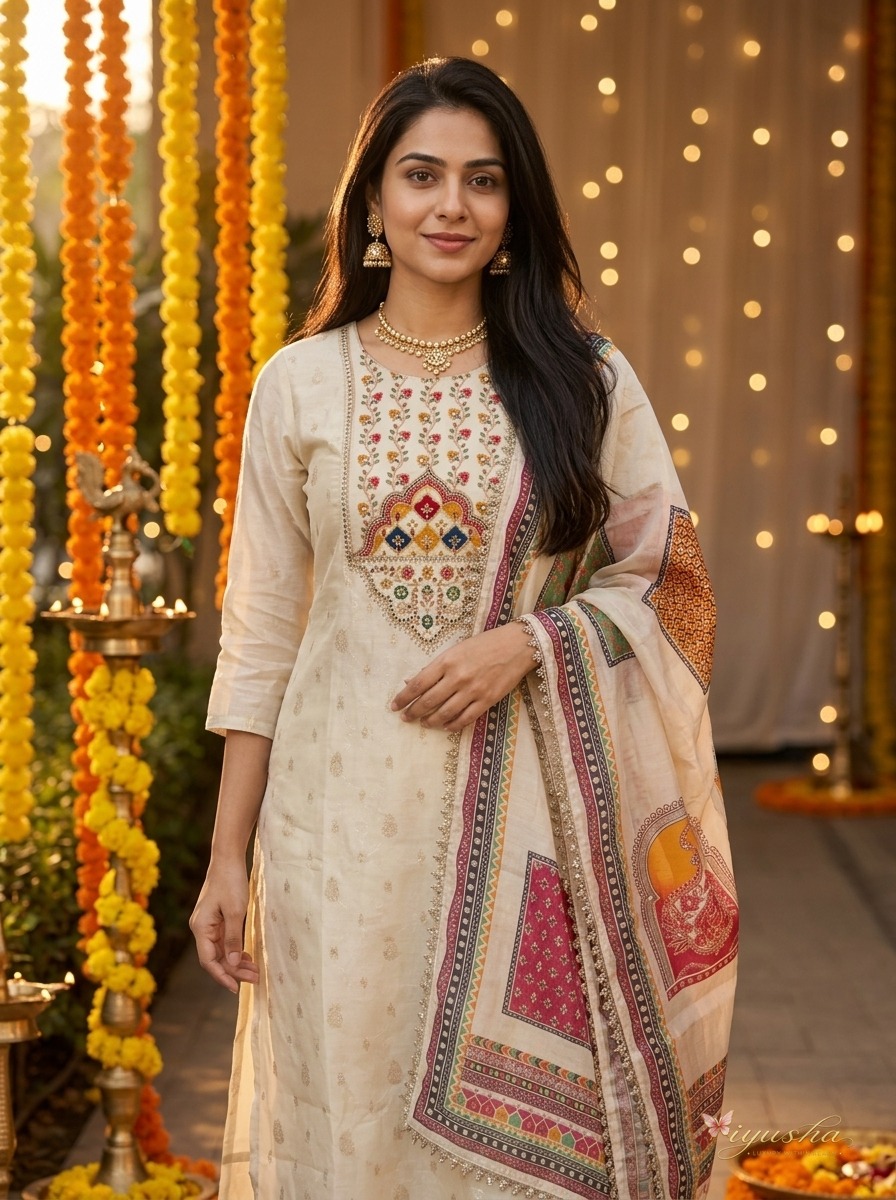 The cream suit set photographed against marigold garlands and warm fairy lights