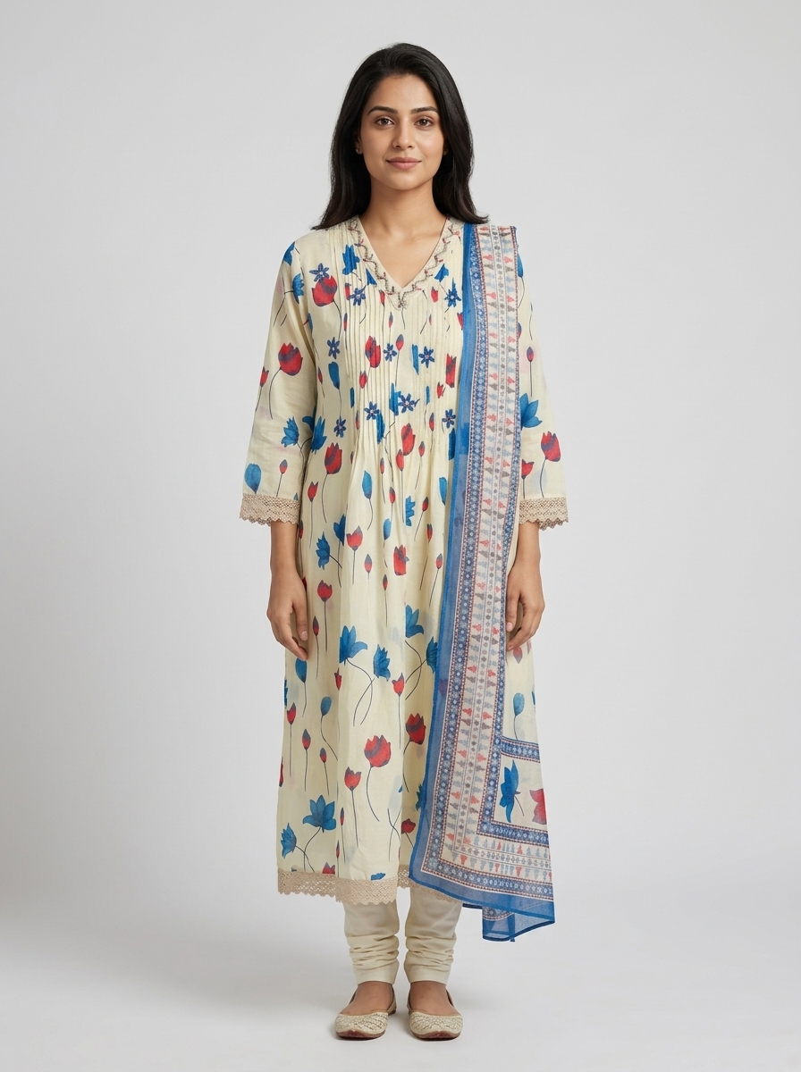 The floral print kurta set on a model against a plain studio backdrop